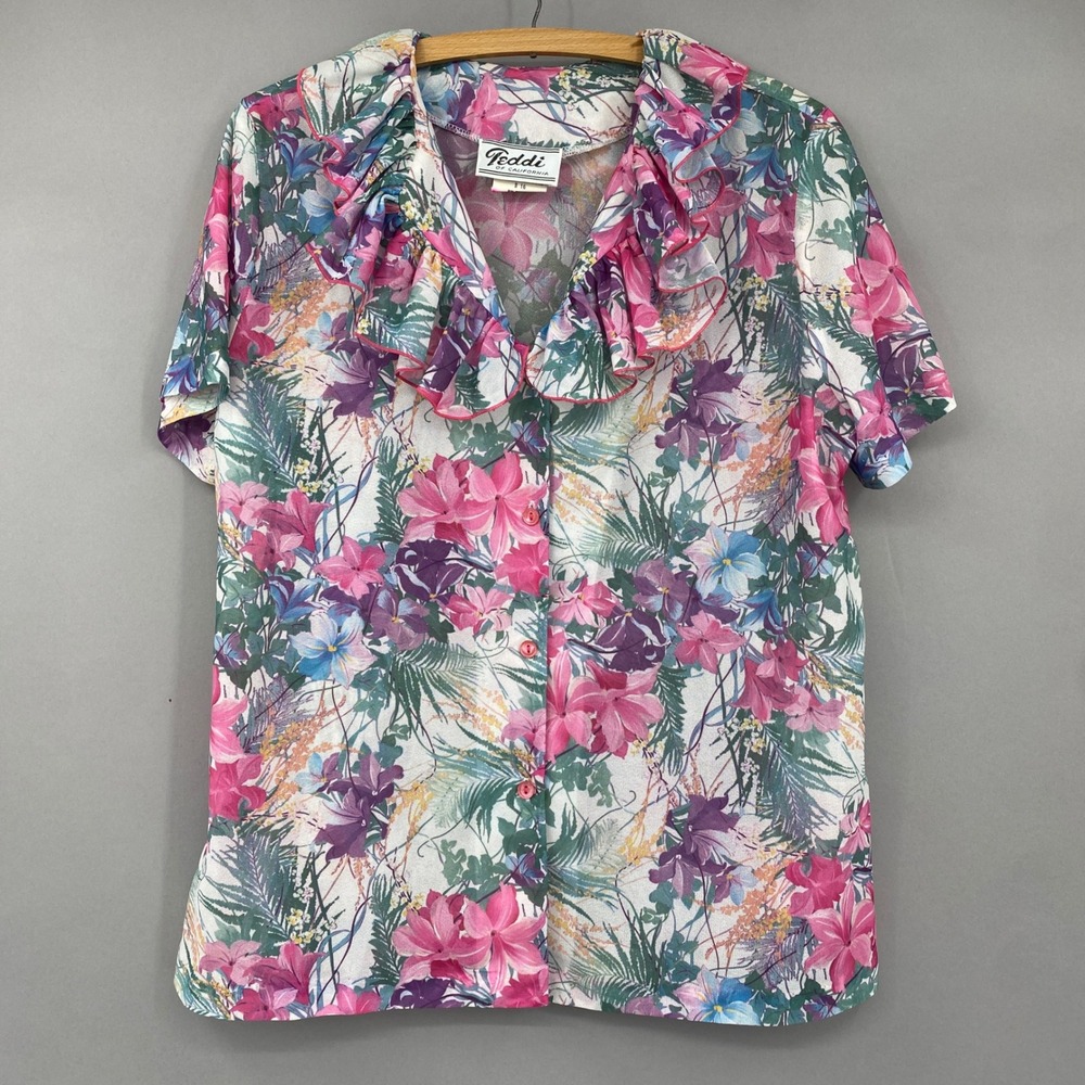 Teddi of California Floral Ruffle Blouse Womens 16 Vintage 70s 80s Pink Tropical